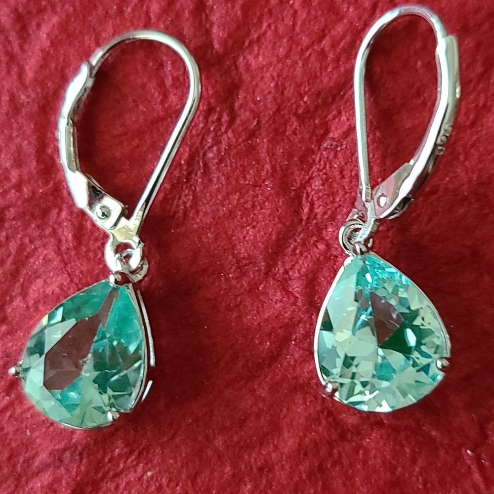 Synthetic Green Spinel Rhodium Plated Dangle Earrings  2.5 cm long